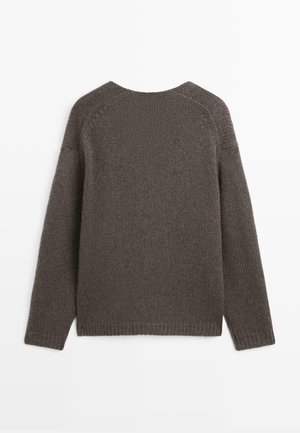 Ciemnoszary dzianinowy sweter z długim rękawem, okrągłym dekoltem oraz ściągaczami na mankietach i u dołu, pokazany od tyłu.