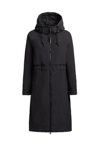 Veste à capuche noire avec fermeture éclair à l'avant, présentant une section supérieure courte et une partie inférieure plus longue, fabriquée en tissu lisse et léger.