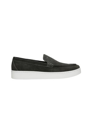 Dunkelgraue Wildleder-Slipper mit einer weißen Gummisohle. Merkmale sind minimale Nähte und ein kleiner Akzent in der Nähe der Öffnung für ein einfaches Anziehen.