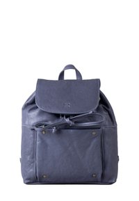 Navy leather backpack with a flap closure, drawstring, and gold hardware accents. Smooth texture and rounded shape with front pocket.
