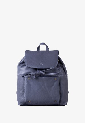 Navy leather backpack with a flap closure, drawstring, and gold hardware accents. Smooth texture and rounded shape with front pocket.