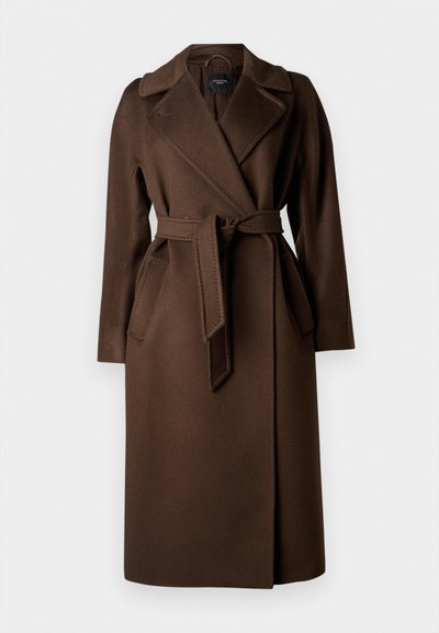 Brown wool trench coat with a lapel collar, long sleeves, and a belt. Features side pockets and a smooth, textured fabric finish.