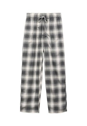 Pantalons de pyjama à carreaux gris et blancs, avec une taille à cordon de serrage, des jambes larges et une texture de tissu douce.