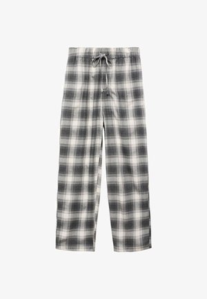 Šedé a bílé kostkované pyžamové kalhoty s pružným pasem, širokými nohavicemi a měkkou tkaninou.