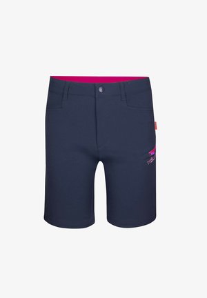 Granatowe szorty wykonane z elastycznej tkaniny, z różową talią, boczną kieszenią z różowym zamkiem błyskawicznym oraz subtelnymi detalami szycia.
