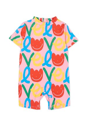 Tutina rosa a maniche corte per baby con testo colorato "love" e motivo di fiori sorridenti rossi, chiusura con bottoni a pressione all'incavo.