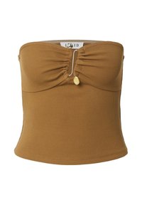 Brauner gerippter Tube-Top mit gerafften Details und einem kleinen dekorativen Perlenakzent in der Mitte; enganliegendes Design, glatte Textur.