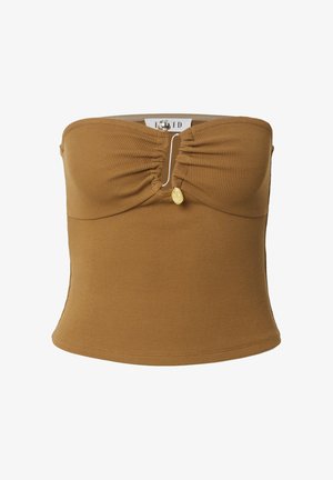 Brauner gerippter Tube-Top mit gerafften Details und einem kleinen dekorativen Perlenakzent in der Mitte; enganliegendes Design, glatte Textur.