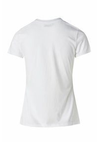 Camiseta blanca de manga corta hecha de algodón. Presenta un cuello redondo clásico y una textura suave y lisa. Diseño simple sin patrones ni acentos.