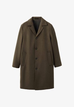 Olivengrøn uldfrakke med reverskrave, lange ærmer, knaplukning foran og to sidelommer. Glat tekstur og skræddersyet pasform.