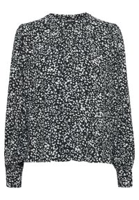 Sort bluse med hvidt abstrakt leopardprint, lange puffede ærmer, rund Hals og plisseret frontdetalje. Lavet af letvægtsstof.