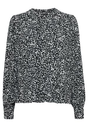 Zwarte blouse met wit abstract luipaardprint, lange poffende mouwen, ronde hals en geplooide voorkant. Gemaakt van lichtgewicht stof.