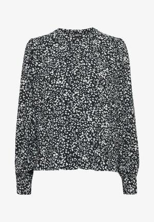 Blusa negra con estampado de leopardo abstracto blanco, mangas largas abullonadas, cuello redondo y detalles de pliegues en la parte delantera. Fabricada en tejido ligero.