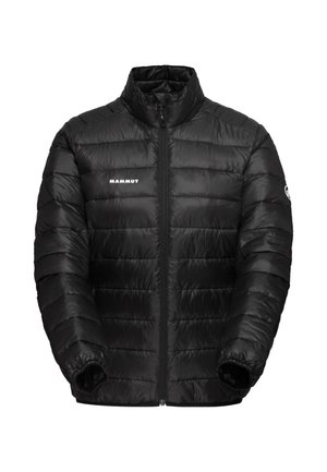 Czarna kurtka puchowa z poziomym pikowaniem, wysoki kołnierz, zamek błyskawiczny na całej długości i logo Mammut po lewej stronie klatki piersiowej. Gładki, błyszczący materiał.