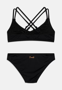 Črn bikini set z naramnicami iz zapletenih trakov, mehkim materialom, nastavljivim zapiranjem na hrbtni strani in zlatim logotipom na spodnjem delu.