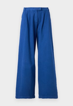 Blaue, weit geschnittene Hose mit hohem Bund, plissiertem Vorderteil und glatter, matter Textur. Verfügt über einen flachen Bund und verjüngte Beinabschlüsse am Knöchel.