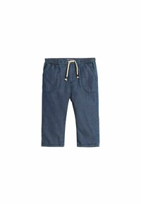 Mörkblå denimbyxor med elastisk midja, dragsko-detalj och två frampocket; kort längd med en slät yta.