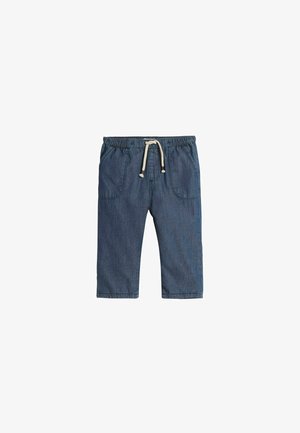 Donkerblauwe denim broek met een elastische tailleband, trekkoorddetail en twee voorzakken; cropped lengte met een gladde textuur.