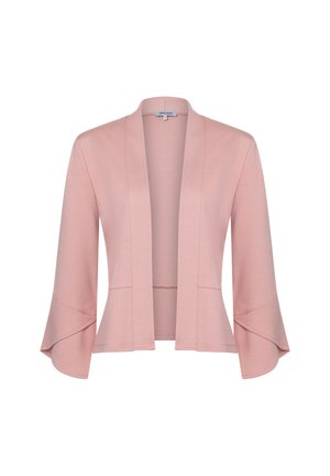 Blazer rose clair à ouverture sur le devant, avec de larges manches cloche superposées et une coupe cintrée, présenté sur un fond blanc.