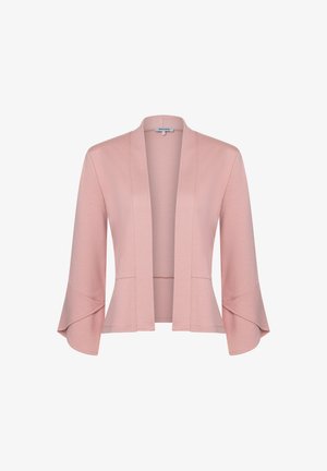 Hellrosa Blazer mit offenem Vorderteil, weiten, geschichteten Glockenärmeln und tailliertem Schnitt, vor weißem Hintergrund dargestellt.