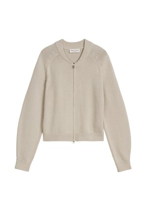 Beżowy dziergany kardigan z zamkiem z przodu, prążkowanym kołnierzem, mankietami i krawędzią, długimi rękawami oraz prostym fakturowanym wzorem na ramionach.