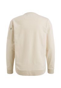 Beige Sweatshirt mit langen Ärmeln, gerippten Bündchen und Saum sowie einer Seitentasche. Glatte Textur mit minimalen Designdetails. Rückansicht.