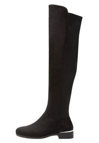 Bota negra hasta la rodilla con tacón bajo, frente liso y panel trasero ligeramente texturizado.