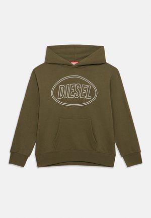 Felpa con cappuccio verde oliva con tasca a marsupio frontale e logo "DIESEL" bianco contornato all'interno di un ovale sul petto.