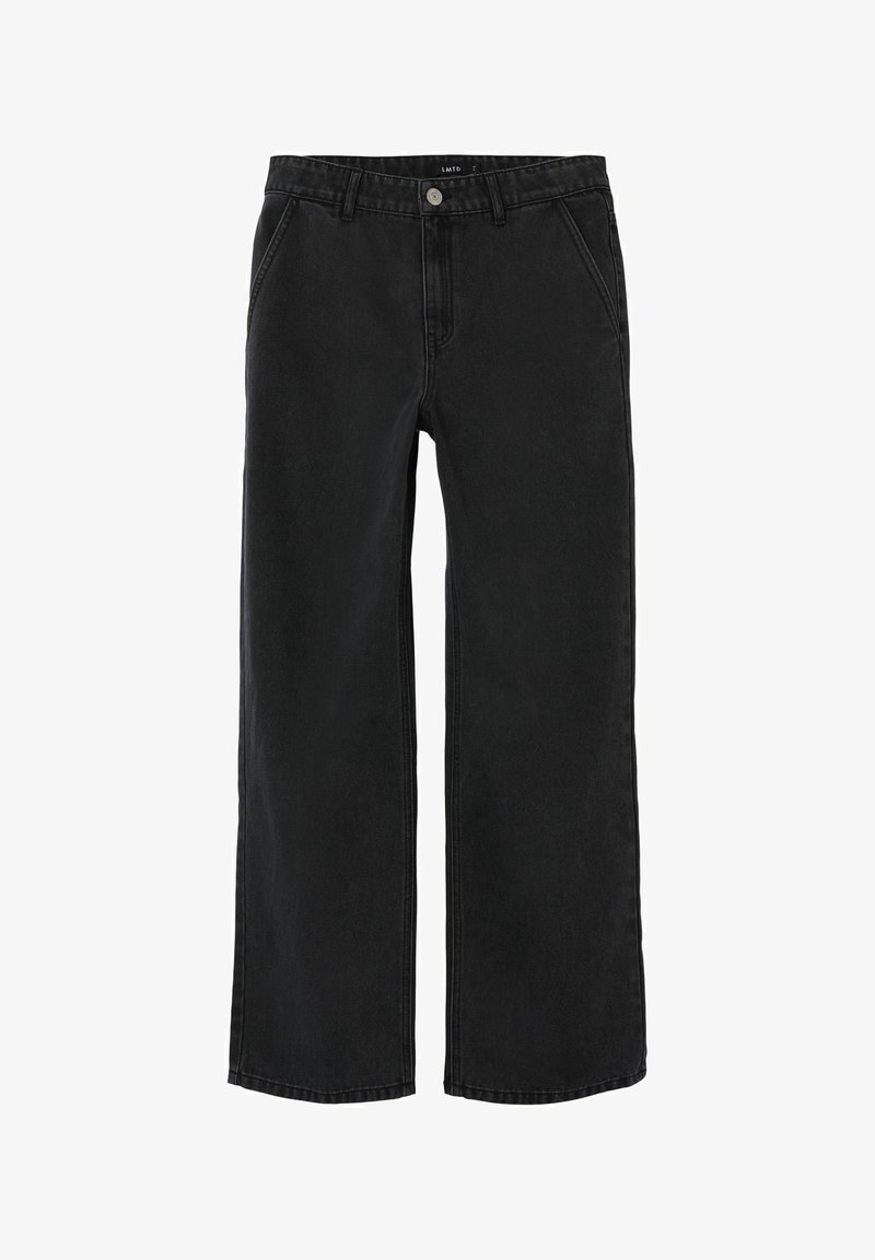 Jean noir droit avec poches avant, passants de ceinture, fermeture par bouton et braguette zippée, présenté sur fond blanc.