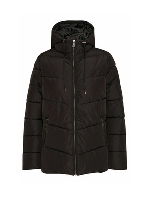 Schwarze Pufferjacke mit Kapuze, mit einem Reißverschluss vorne, verstellbarem Kordelzug und gestepptem Design. Glatte, glänzende Außenoberfläche.