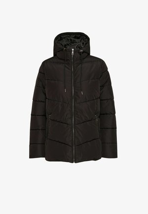 Must siin must puffer jope koos kapuutsiga, millel on lukuga esiosa, reguleeritav string ning kattetootena tehtud tikitud paneelid. Sile, läikiv välimine viimistlus.