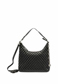Borsa a tracolla in pelle nera trapuntata con silhouette curva, tracolla in catena e pelle, chiusura con zip e superficie liscia con motivo a diamante.