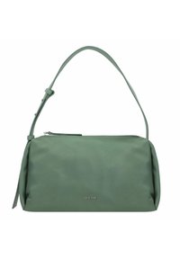 Gestructureerde groene nylon handtas met een platte silhouet, verstelbare schouderriem en zilveren accessoires met het Calvin Klein-logo.