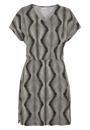 Black and cream dress featuring a V-neck, short sleeves, and an elastic waist, with a wavy leaf pattern throughout the fabric.