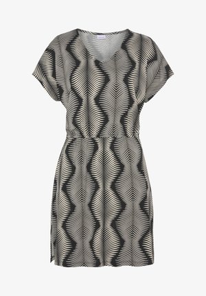 Black and cream dress featuring a V-neck, short sleeves, and an elastic waist, with a wavy leaf pattern throughout the fabric.