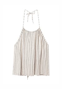 Top alla halter a righe con lacci regolabili, caratterizzato da un design ampio e fluido in colori crema e nero, realizzato in tessuto leggero.