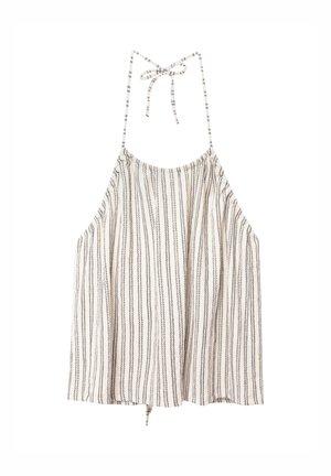 Pruhovaný halter top s nastavitelnými šňůrkami, který se vyznačuje volným, splývavým designem v krémové a černé barvě, vyrobený z lehkého materiálu.
