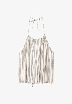 Prúžkovaný halter top s nastaviteľnými šnúrkami, ktorý sa vyznačuje voľným, splývavým dizajnom v krémovej a čiernej farbe, vyrobený z ľahkej látky.