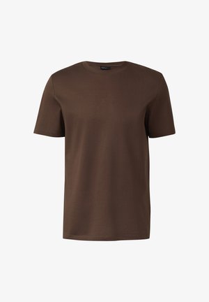 T-shirt marron à manches courtes avec col rond en tissu uni, présenté sur fond blanc.