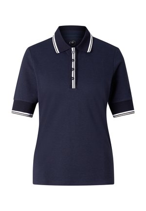 Marineblå kortærmet polo med hvide stribeaksenter på krave, knapstolpe og ærmekanter.
