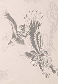 Schwarz-weiße Illustration von zwei Vögeln, einer mit detaillierten Federn und Klauen, vor einem hellen Hintergrund. Enthält stilisierte Schriftzüge.