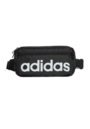 Marsupio in tessuto nero con tasca anteriore con cerniera e grande logo bianco "adidas" sulla parte frontale.