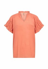Short-sleeve, coral blouse with a V-neck and ruffled collar. Made of lightweight fabric featuring subtle texture and relaxed fit.