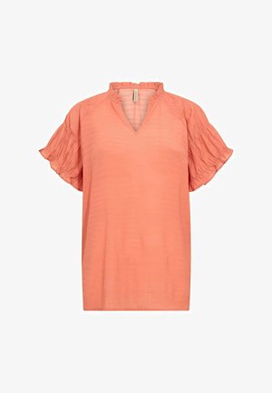 Krótki rękaw, koralowa bluzka z dekoltem w kształcie litery V i falbankowym kołnierzykiem. Wykonana z lekkiego materiału z delikatną teksturą i luźnym krojem.