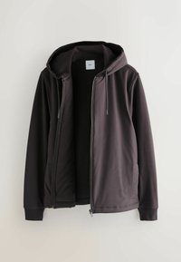 Tumehall kašmiiriga kapuutsiga tõmbluku juurdekasutusega sviiter, millel on tekstuurne viimistlus, nööriga kapuuts, ees olevad taskud ja soonikkoes varrukad. Sisepind on nähtav.