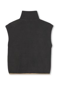 Schwarze Fleece-Weste mit hohem Kragen und ohne Ärmel. Weiche Textur, gerader Schnitt und ein beiger Saum am unteren Ende. Minimalistisches Design.