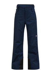 Pantaloni da sci impermeabili blu navy con design dritto. Presentano dettagli neri e cintura regolabile. Due tasche laterali con cerniere.