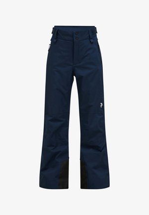 Navy waterproof ski pants with a straight design. Features black accents and adjustable waistband. Two side pockets with zippers.