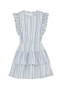 Rochie albă cu dungi verticale albastre, cu mâneci căptușite și un design de fusta în straturi, prezentând modele de puncte și frunze.