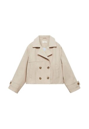 Beige cropped trenchcoat med bred krave, dobbeltradet knaplukning foran, sidelommer og knappede manchetter på de lange ærmer.